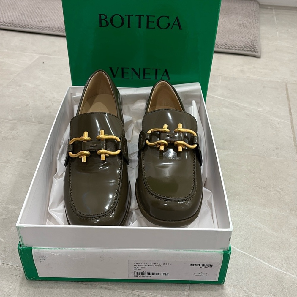 Bottega Veneta Olive Green Loafers with Gold Accents
